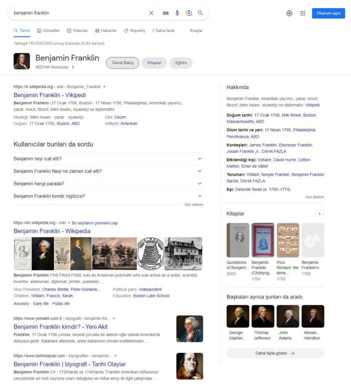 Google arama sonuç sayfasında örnek bilgi paneli